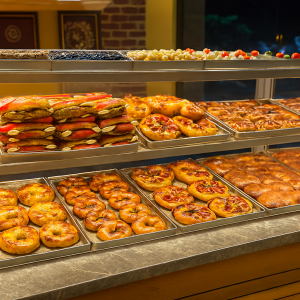 Kadıköy simit fırını Bakaç’ta sandviç, poğaça, açma ve mini pizzaların bulunduğu tezgah