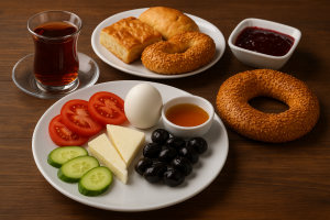 Kadıköy simit fırını Bakaç’ta kahvaltı tabağı, simit, reçel, bal ve çay servisi